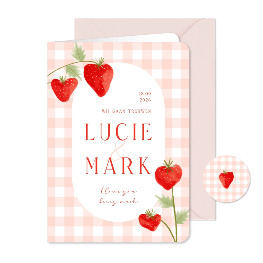 Trouwkaart uitnodiging aardbeien rood ruitjes - Kaartimpressie