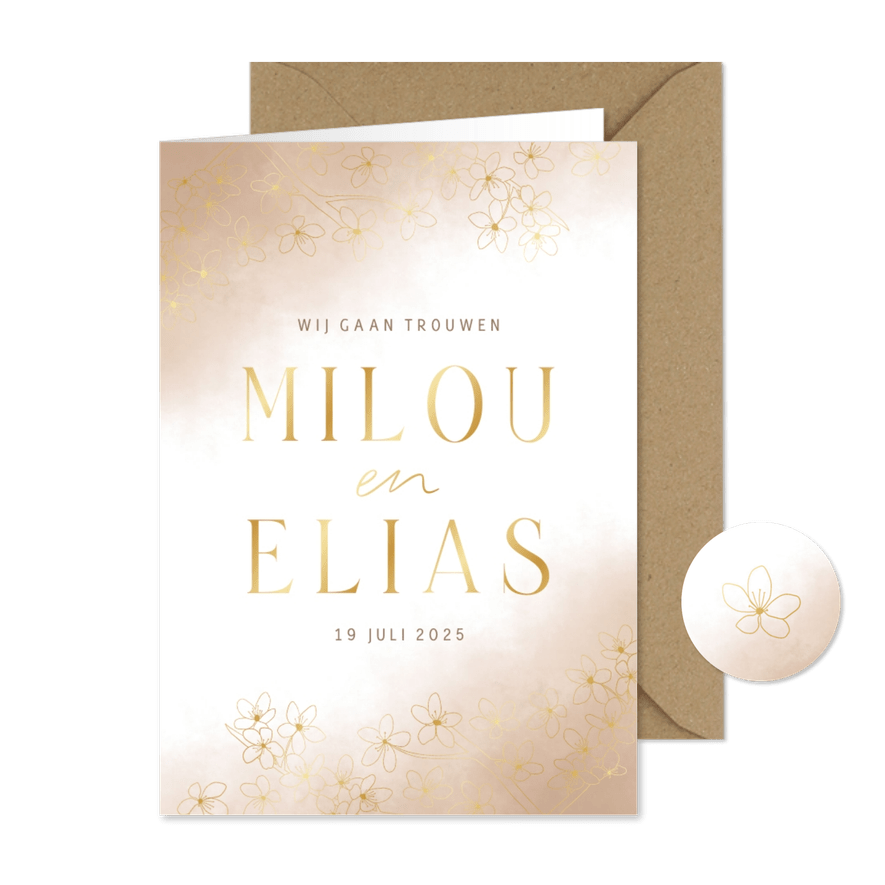 Trouwkaart uitnodiging beige waterverf gouden kersenbloesem - Kaartimpressie