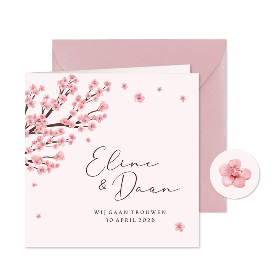 Trouwkaart uitnodiging bloesem bloemen lente bruiloft roze - Kaartimpressie