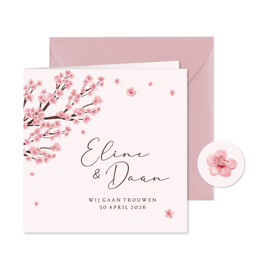 Trouwkaart uitnodiging bloesem bloemen lente bruiloft roze - Kaartimpressie