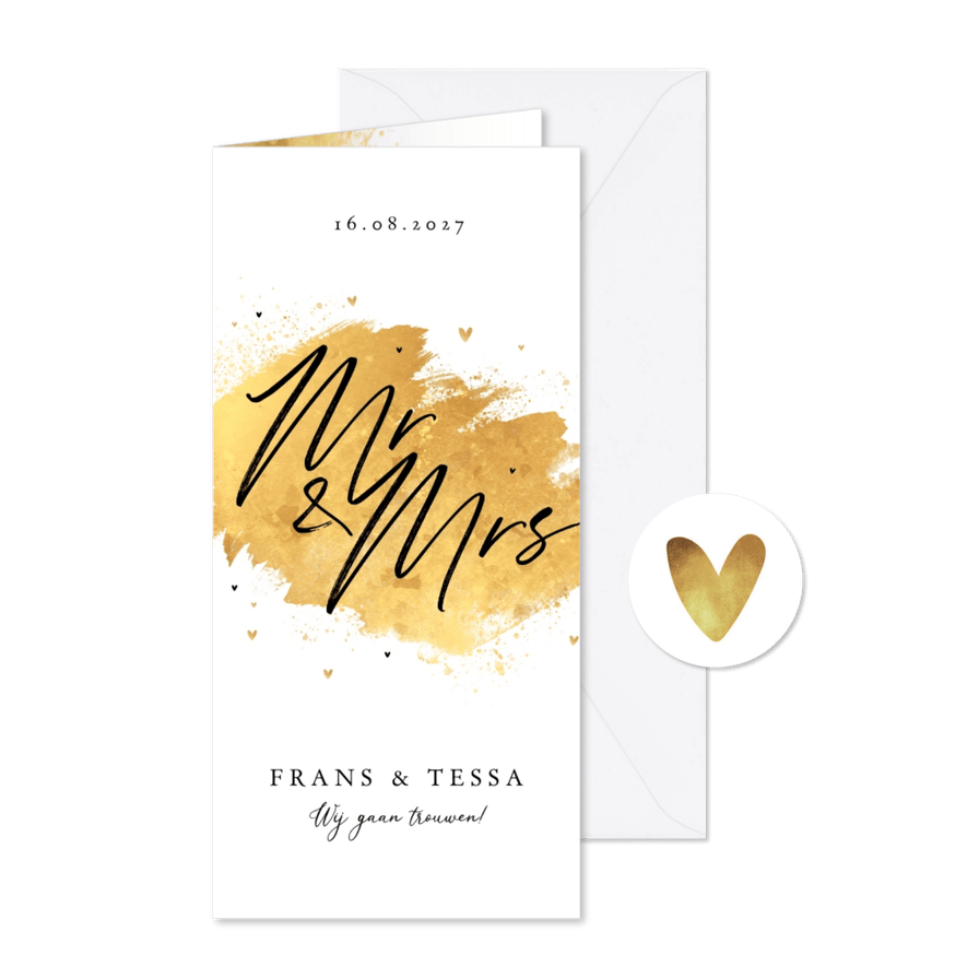 Trouwkaart uitnodiging goudlook mr and mrs hartjes stijlvol - Kaartimpressie