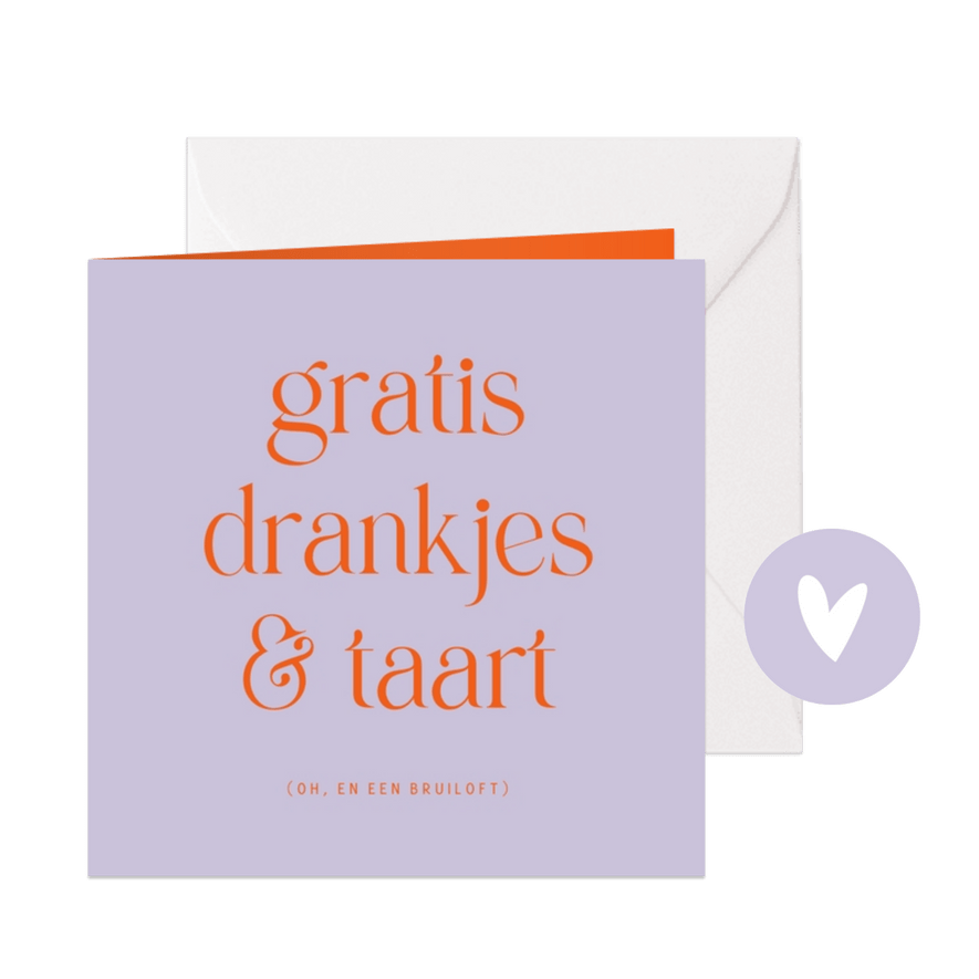 Trouwkaart uitnodiging humor colorblocking paars oranje - Kaartimpressie