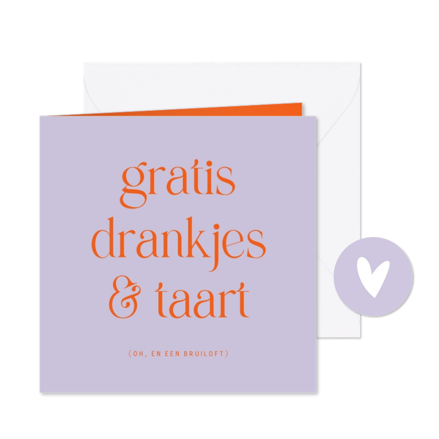 Trouwkaart uitnodiging humor colorblocking paars oranje - Kaartimpressie