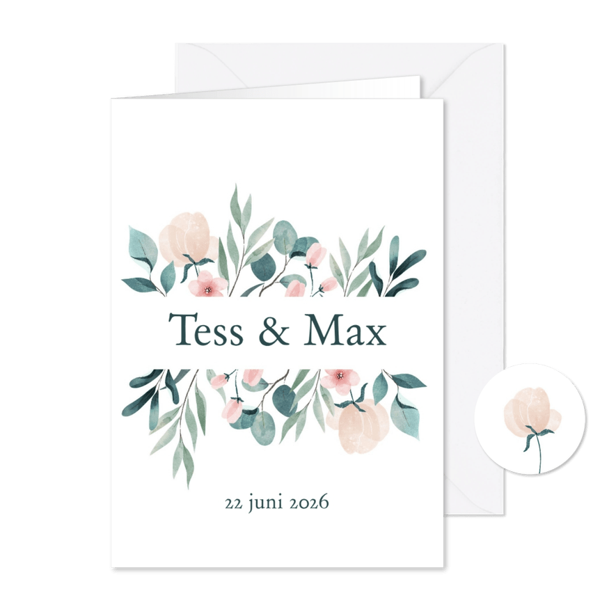 Trouwkaart uitnodiging met botanische elementen - Kaartimpressie