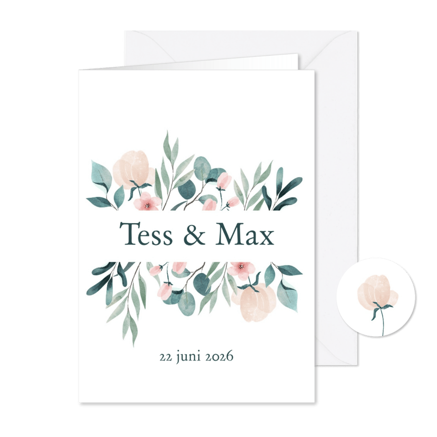Trouwkaart uitnodiging met botanische elementen - Kaartimpressie