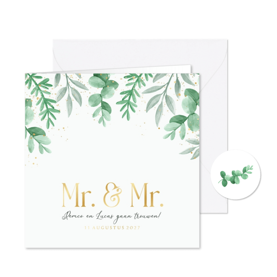 Trouwkaart uitnodiging Mr and Mr gay eucalyptus goud - Kaartimpressie