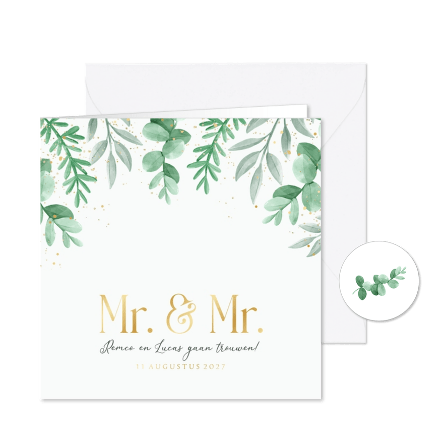 Trouwkaart uitnodiging Mr and Mr gay eucalyptus goud - Kaartimpressie
