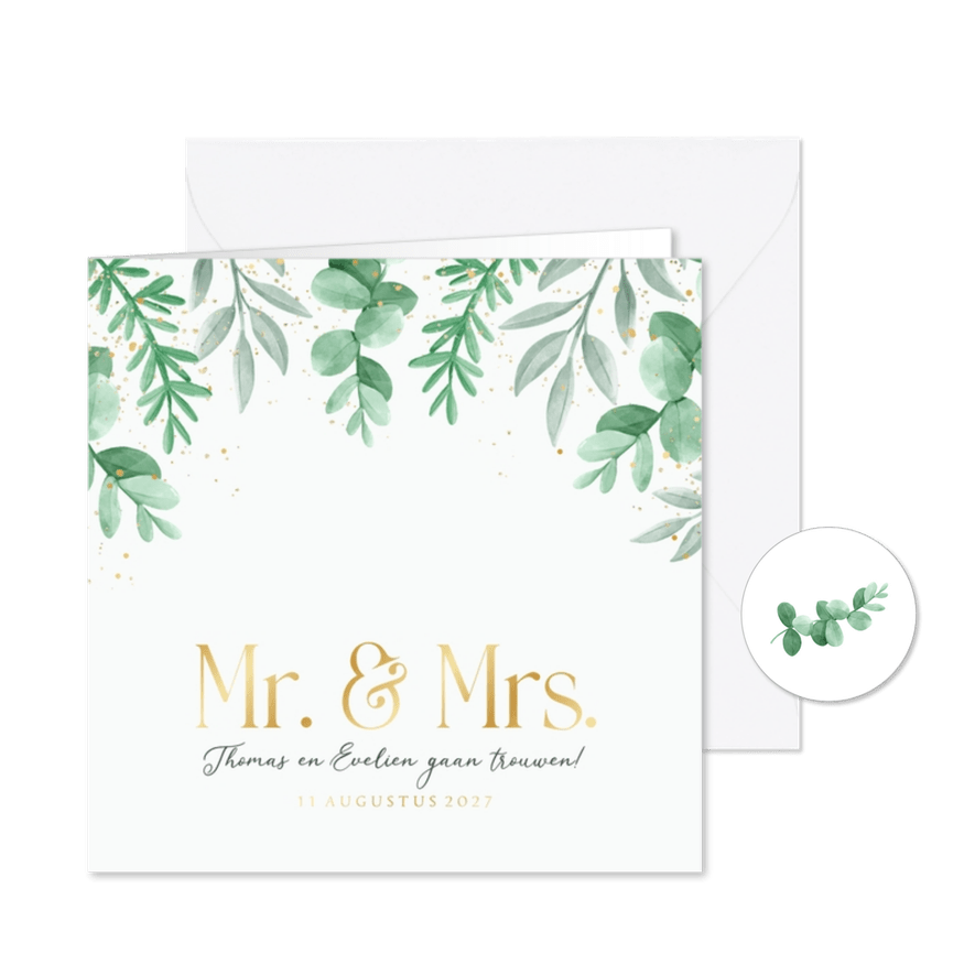 Trouwkaart uitnodiging Mr and Mrs eucalyptus goud - Kaartimpressie