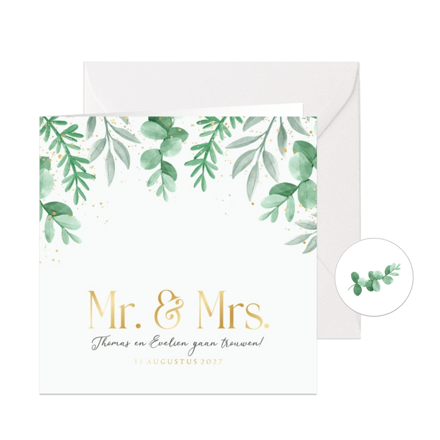 Trouwkaart uitnodiging Mr and Mrs eucalyptus goud - Kaartimpressie