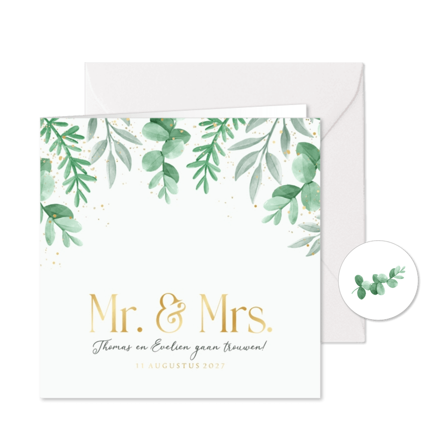 Trouwkaart uitnodiging Mr and Mrs eucalyptus goud - Kaartimpressie