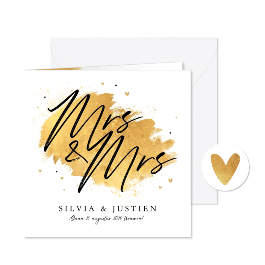 Trouwkaart uitnodiging Mrs and Mrs goud hartjes stijlvol - Kaartimpressie