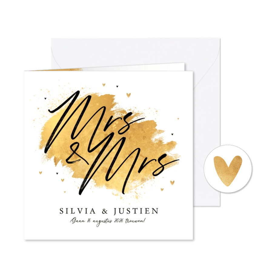 Trouwkaart uitnodiging Mrs and Mrs goud hartjes stijlvol - Kaartimpressie