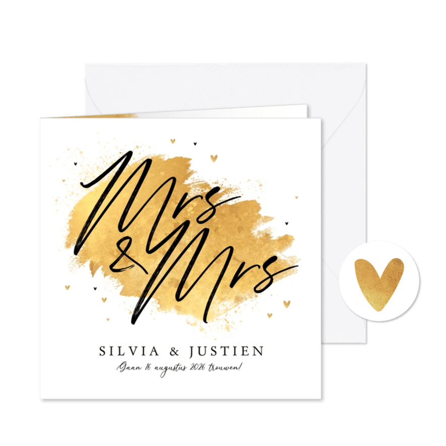 Trouwkaart uitnodiging Mrs and Mrs goud hartjes stijlvol - Kaartimpressie