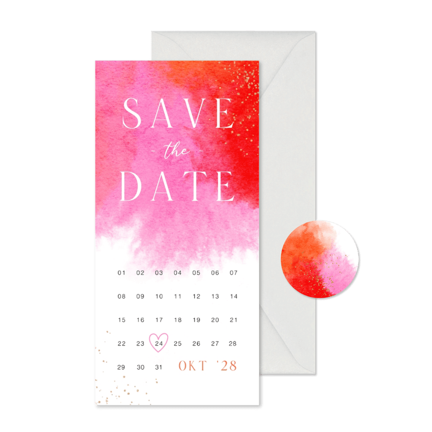 Trouwkaart uitnodiging save the date kalender waterverf roze - Kaartimpressie