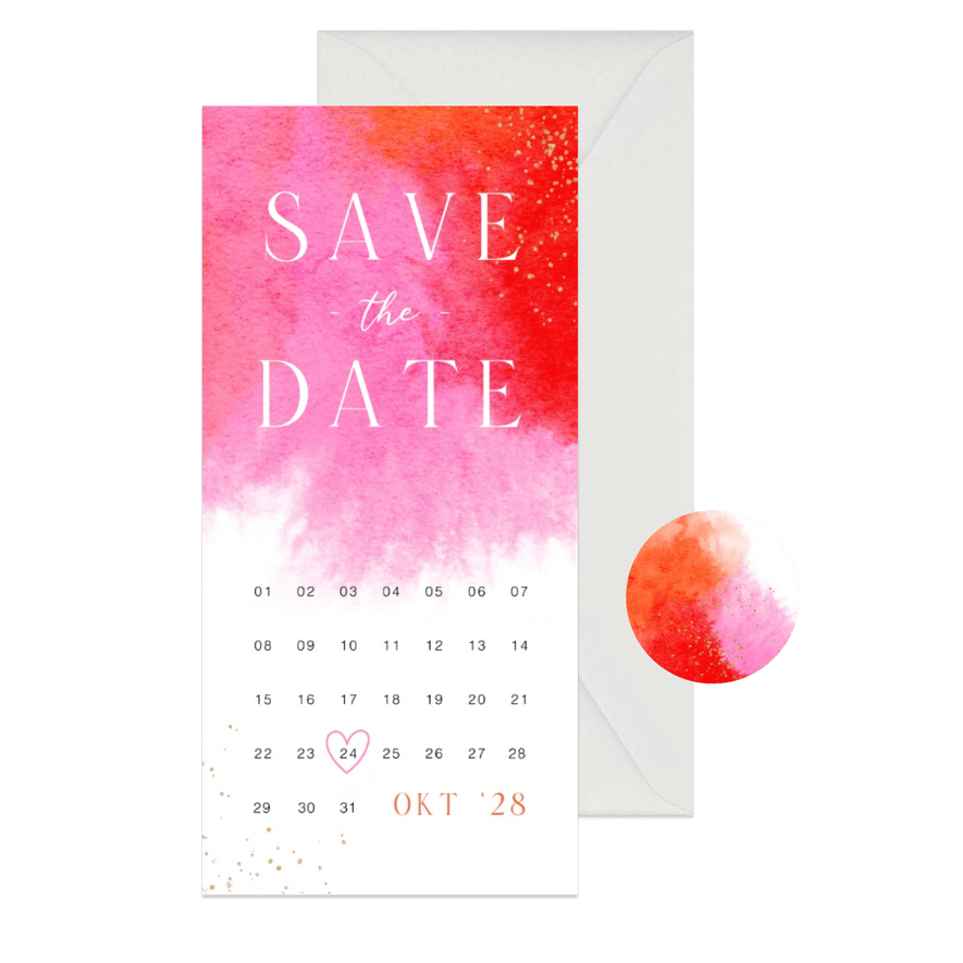 Trouwkaart uitnodiging save the date kalender waterverf roze - Kaartimpressie