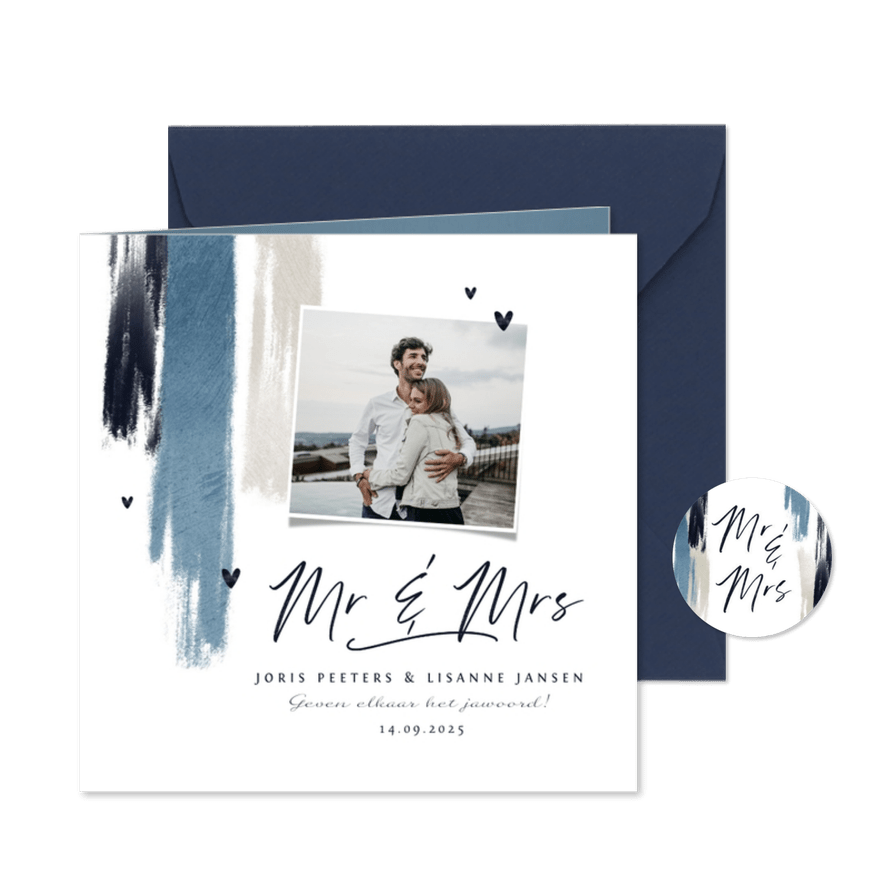 Trouwkaart uitnodiging stijlvol blauw verf hartjes foto - Kaartimpressie