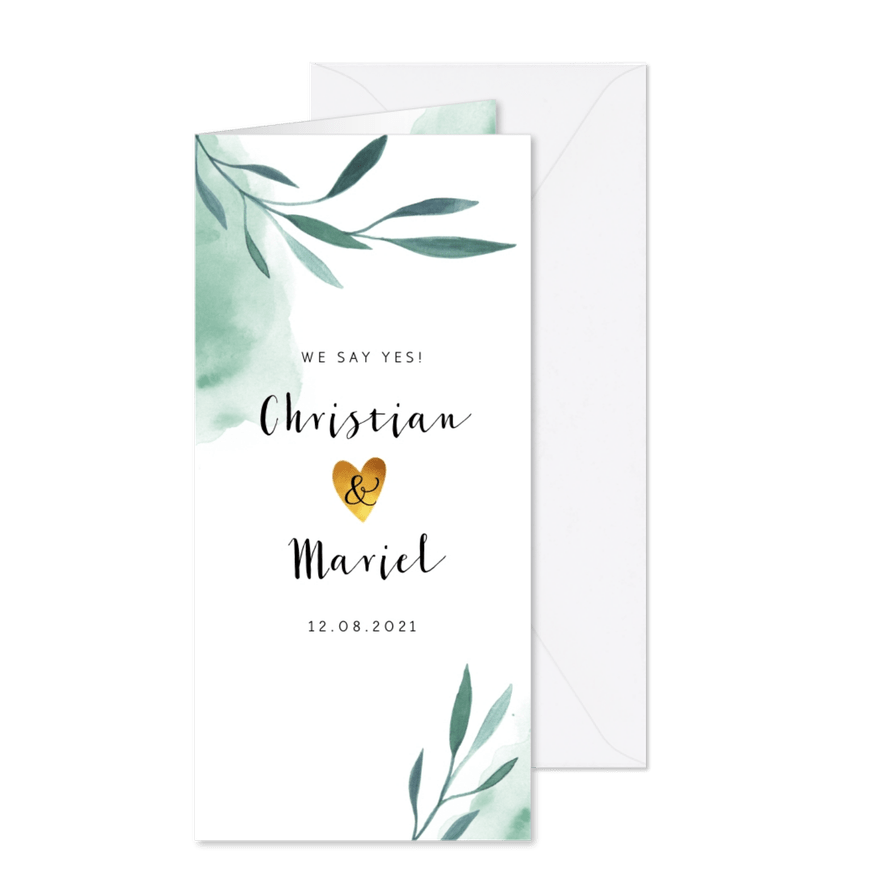 Trouwkaart uitnodiging stijlvol met waterverf en blaadjes - Kaartimpressie