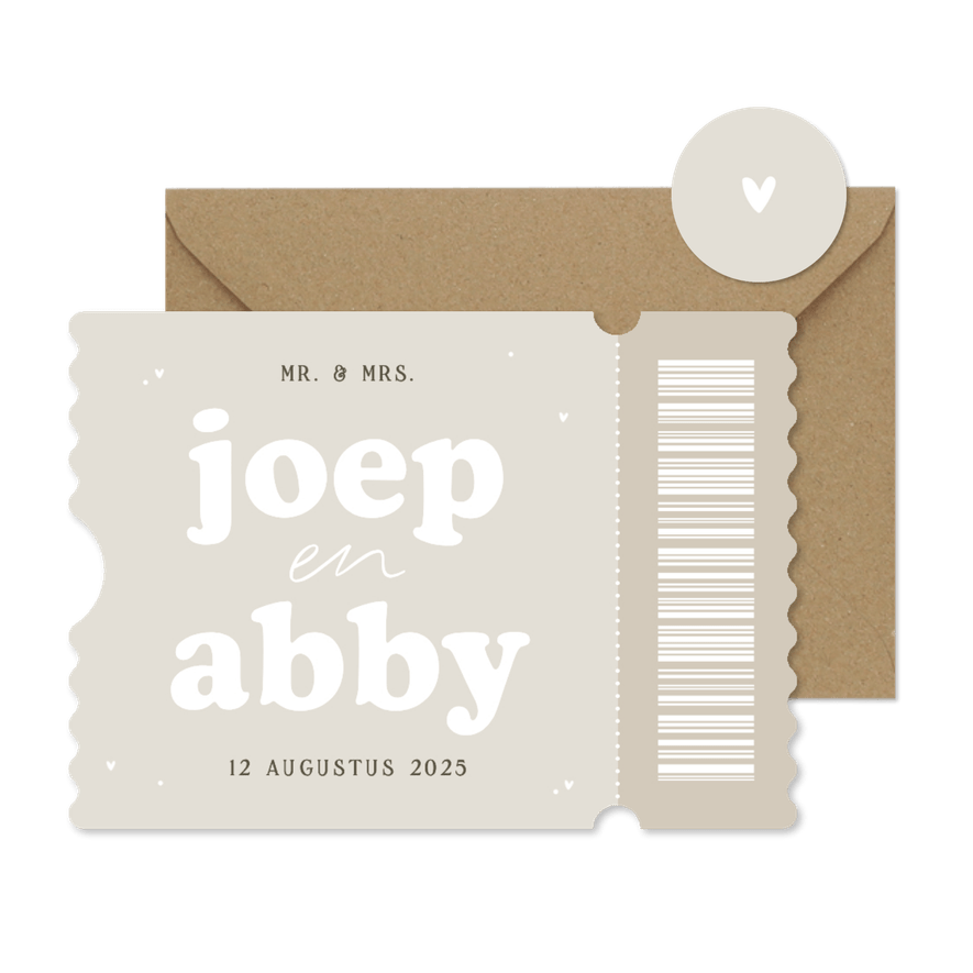 Trouwkaart uitnodiging ticket minimalistisch beige - Kaartimpressie