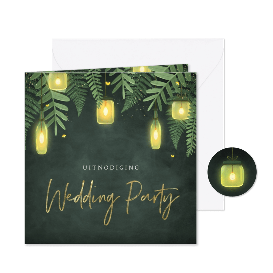 Trouwkaart uitnodiging tuinfeest lampjes avond krijtbord - Kaartimpressie