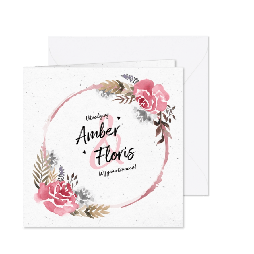 Trouwkaart uitnodiging vintage bohemian  waterverf bloemen - Kaartimpressie