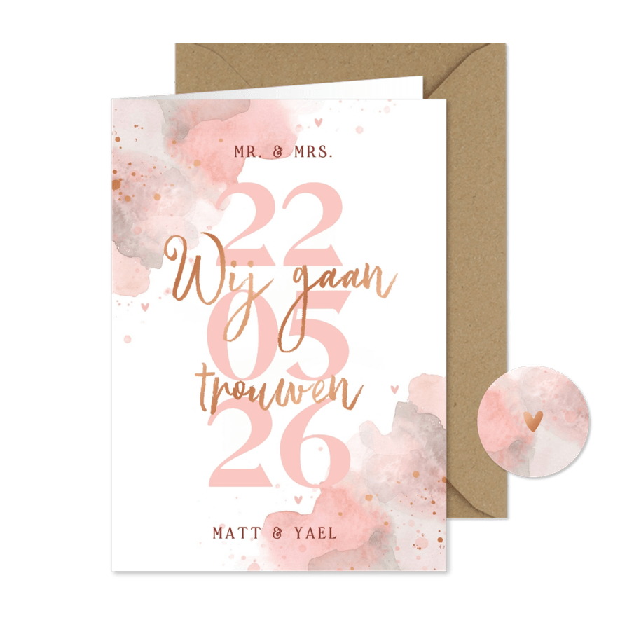 Trouwkaart uitnodiging wij gaan trouwen roze waterverf koper - Kaartimpressie