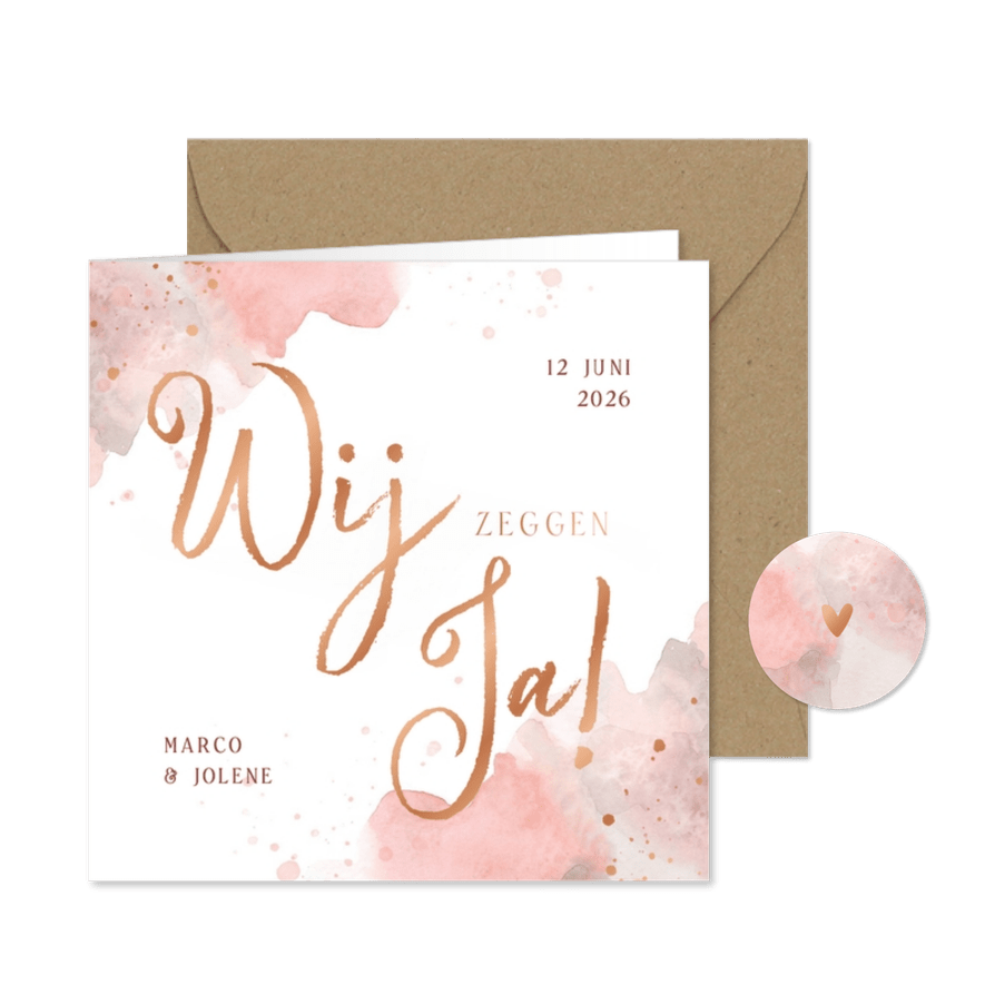 Trouwkaart uitnodiging 'wij zeggen ja' roze waterverf hoeken - Kaartimpressie