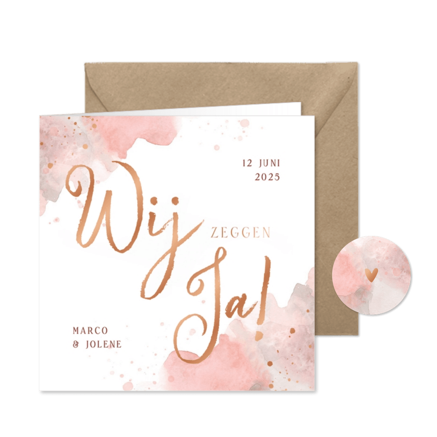 Trouwkaart uitnodiging 'wij zeggen ja' roze waterverf hoeken - Kaartimpressie