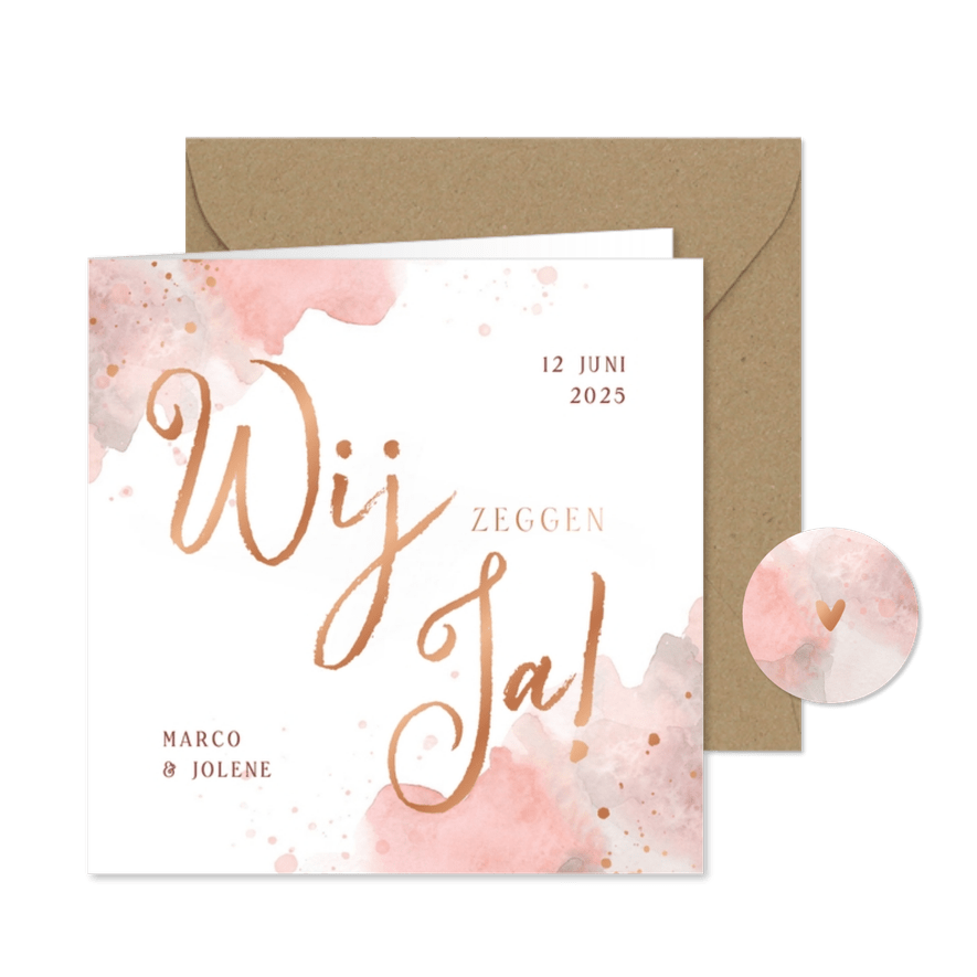 Trouwkaart uitnodiging 'wij zeggen ja' roze waterverf hoeken - Kaartimpressie