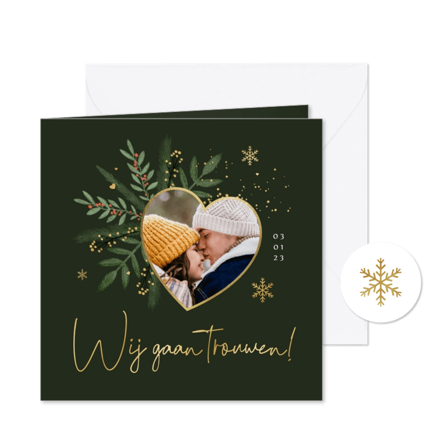 Trouwkaart uitnodiging winter wedding groen goud sneeuw hart - Kaartimpressie
