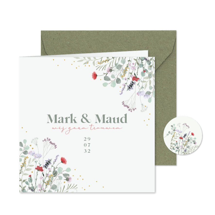 Trouwkaart veldbloemen in mooie kleuren - Kaartimpressie