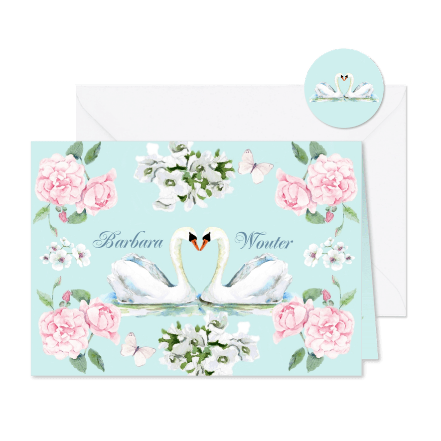 Trouwkaart verliefde zwanen - Kaartimpressie