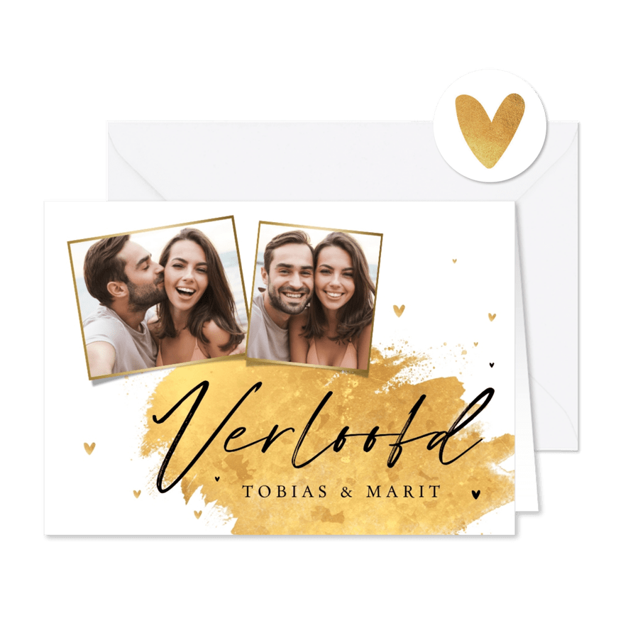 Trouwkaart verloofd goud hartjes foto's hip verf - Kaartimpressie