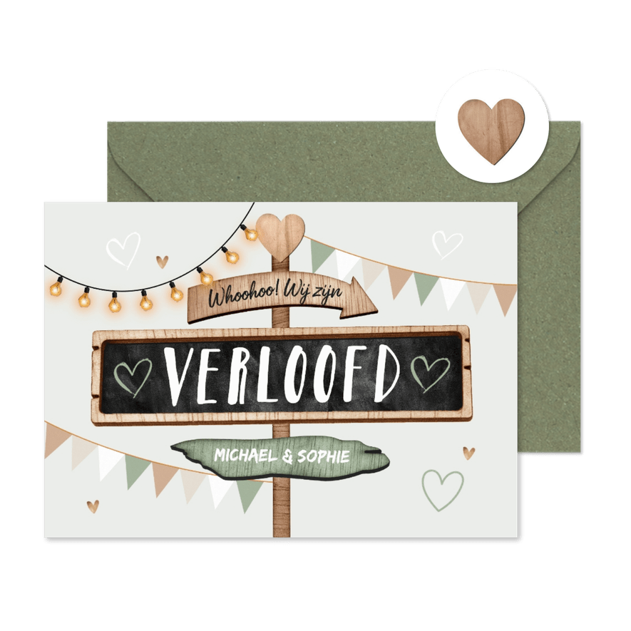 Trouwkaart verloofd houtlook wegwijzers festival vlaggetjes - Kaartimpressie