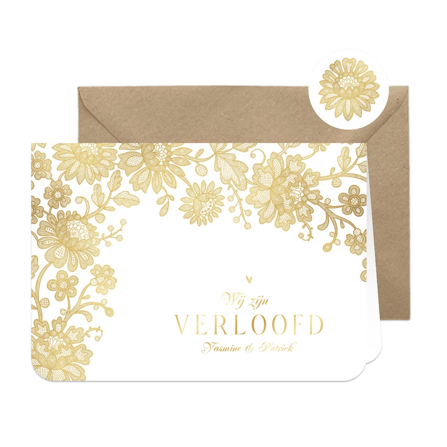 Trouwkaart verloofd vintage kant goud bloemen hartjes - Kaartimpressie