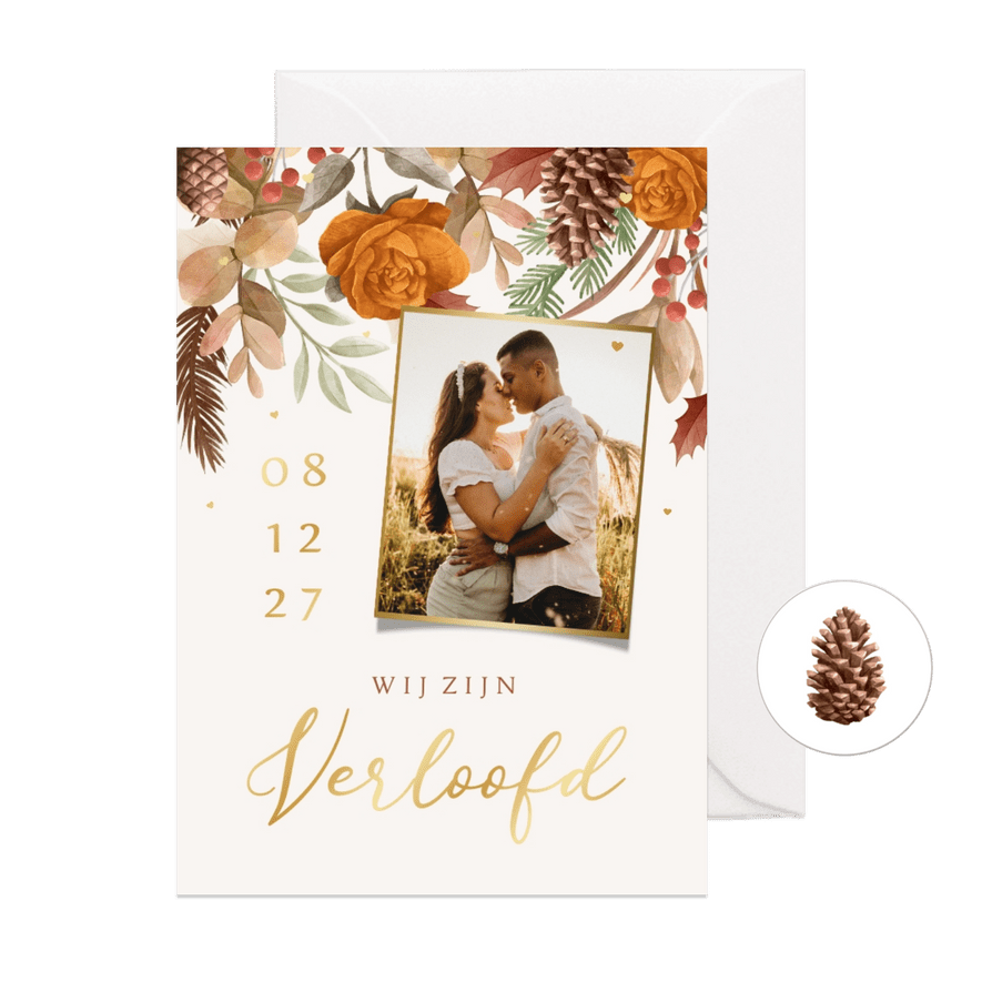 Trouwkaart verloving botanisch bloemen herfst goud foto - Kaartimpressie