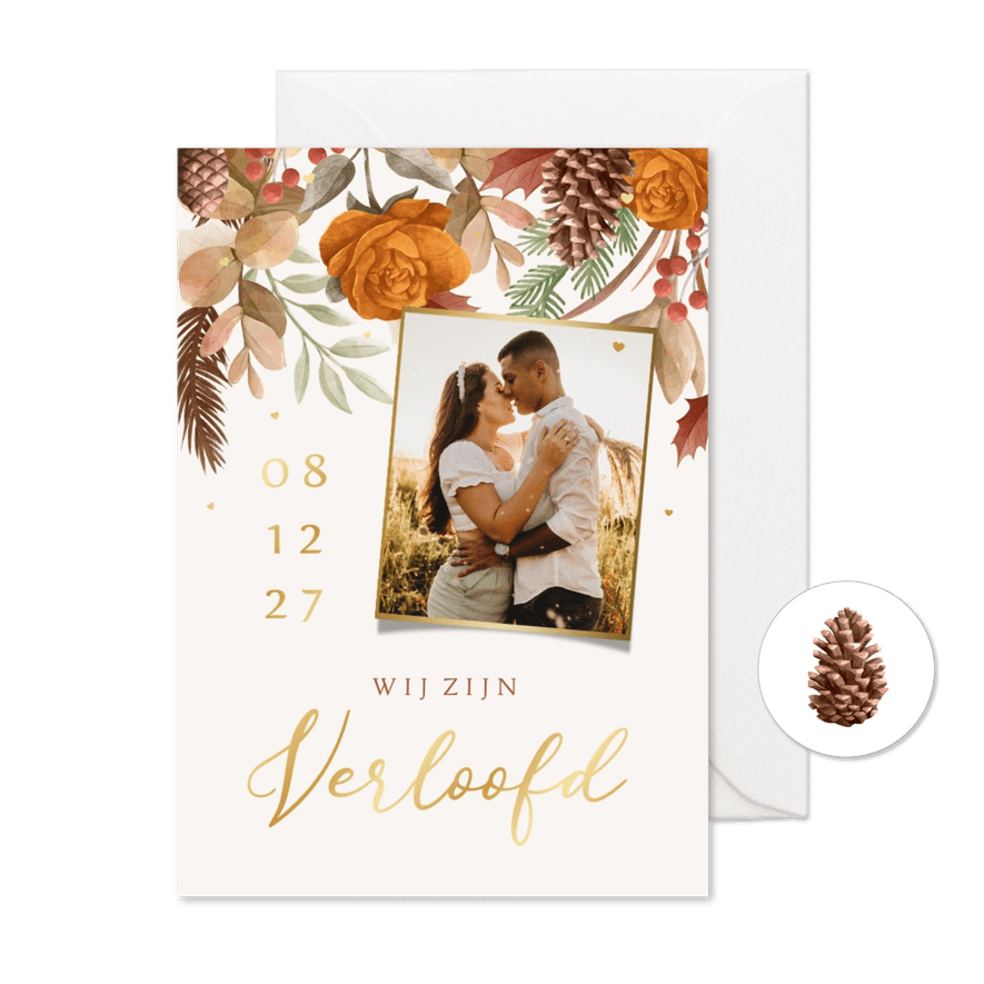 Trouwkaart verloving botanisch bloemen herfst goud foto - Kaartimpressie