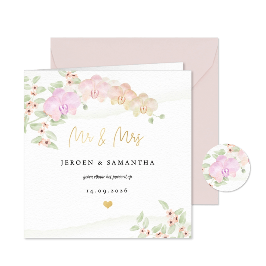 Trouwkaart vierkant orchideeën in pastel - Kaartimpressie