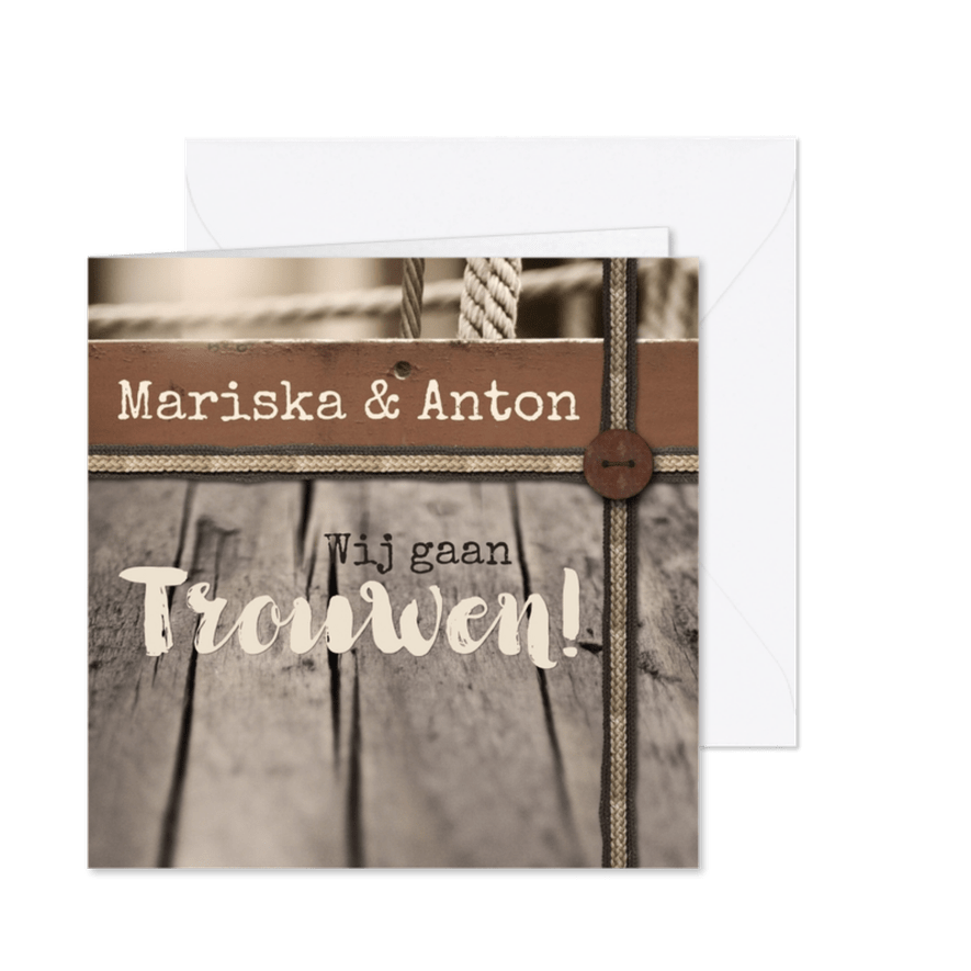 Trouwkaart vintage hout en touw - Kaartimpressie