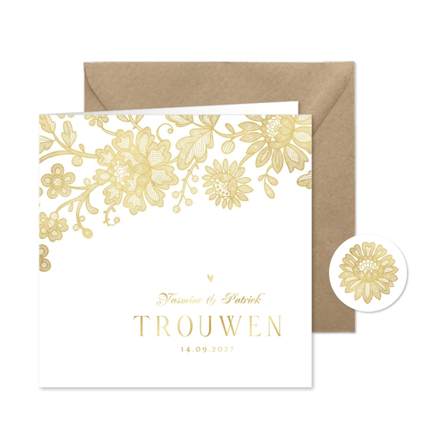 Trouwkaart vintage kant goud bloemen hartjes - Kaartimpressie