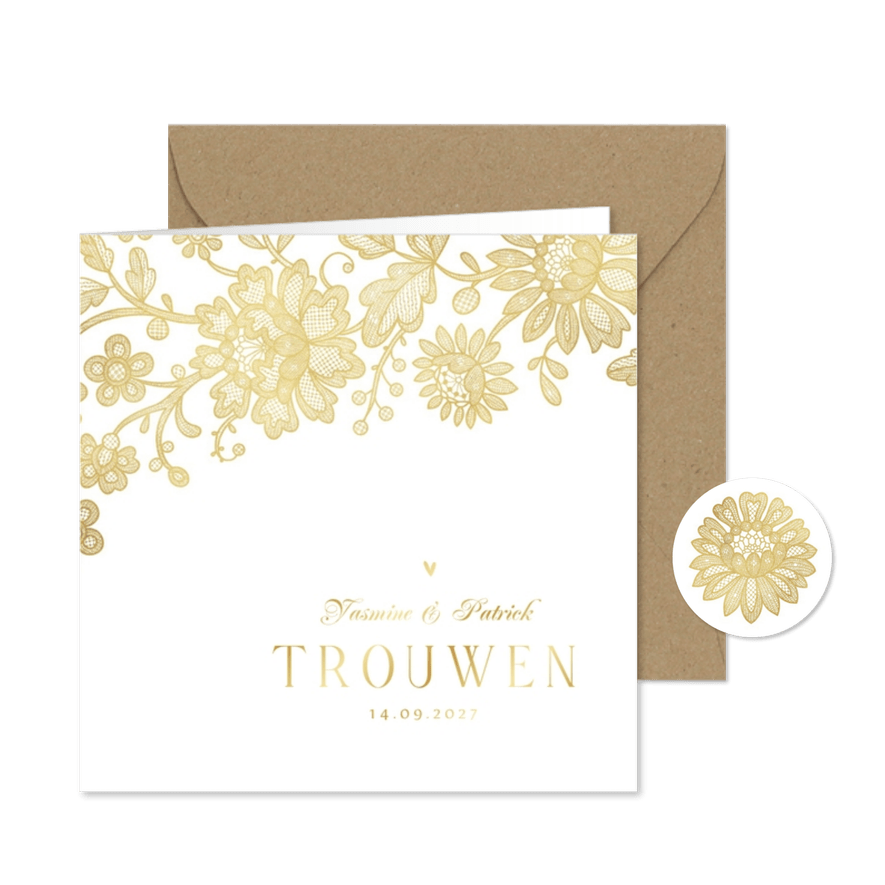 Trouwkaart vintage kant goud bloemen hartjes - Kaartimpressie