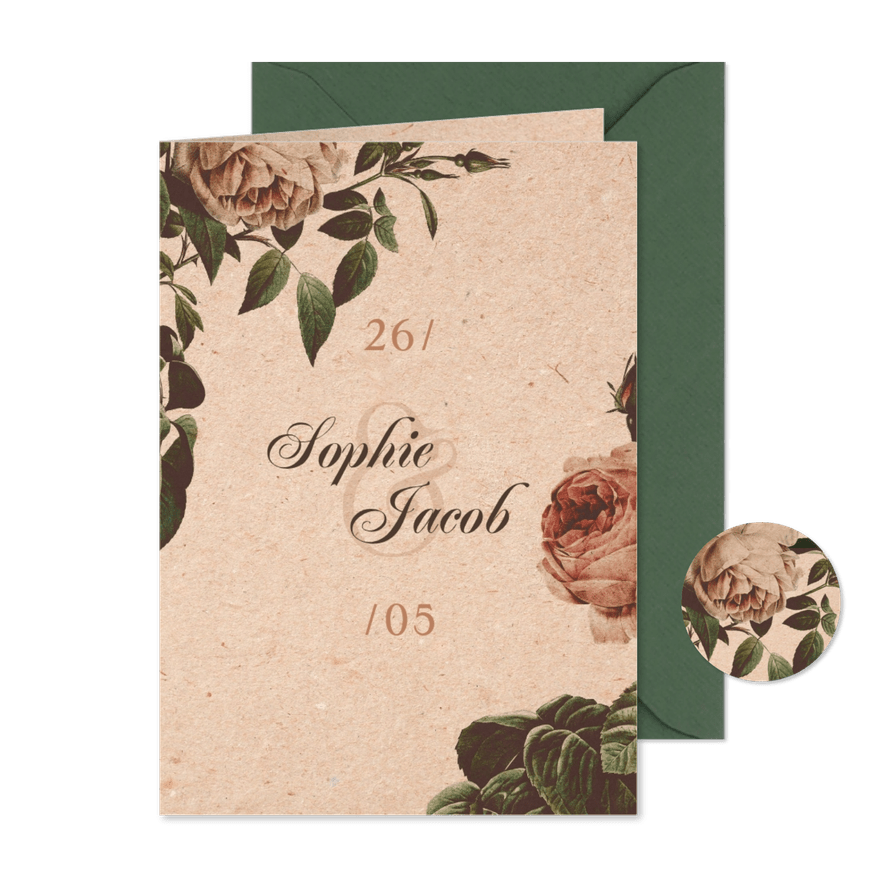 Trouwkaart vintage met bloemen - Kaartimpressie
