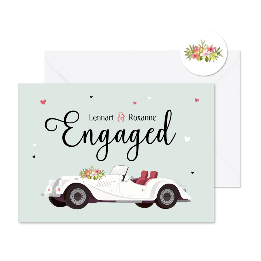 Trouwkaart vintage retro verloofd engaged hartjes - Kaartimpressie