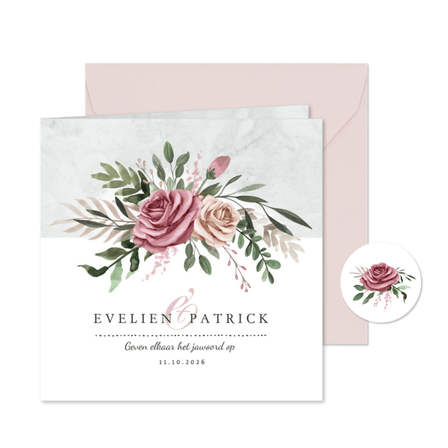 Trouwkaart vintage stijlvol klassiek bloemen - Kaartimpressie