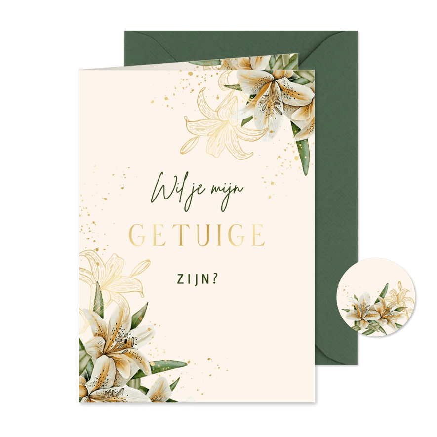 Trouwkaart voor getuige witte lelies met goudfolie - Kaartimpressie