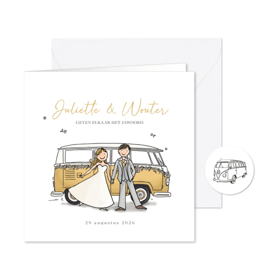 Trouwkaart VW bus bruidspaar - Kaartimpressie
