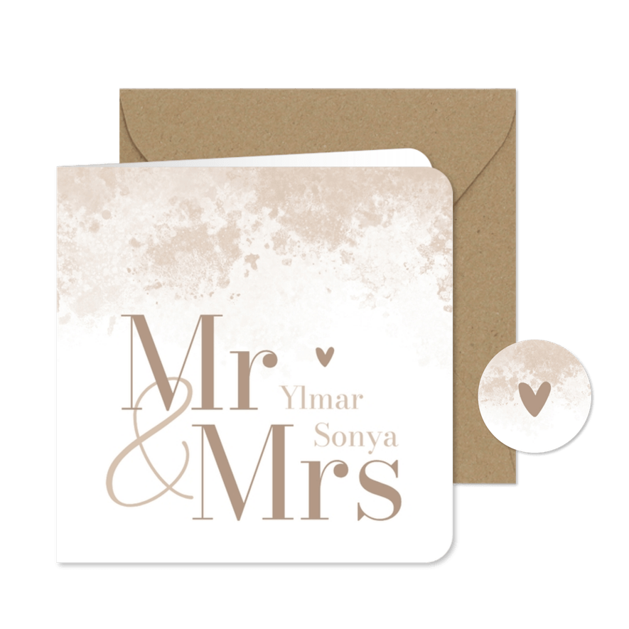 Trouwkaart waterverf beige hartje romantisch neutraal - Kaartimpressie