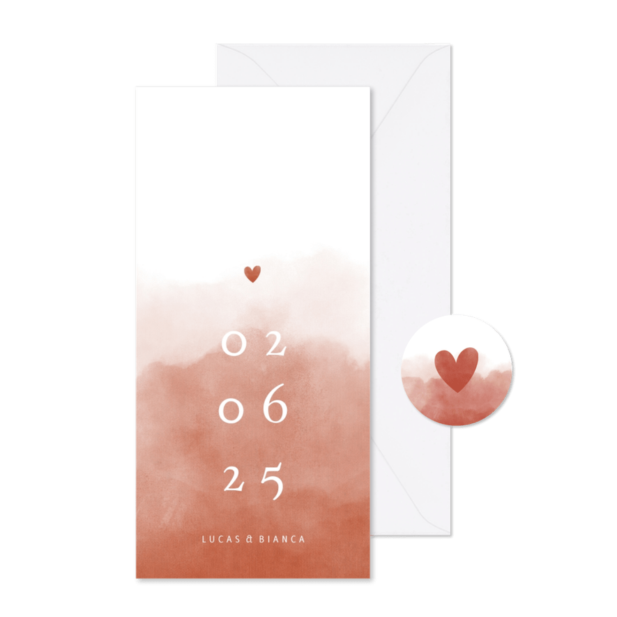 Trouwkaart waterverf terra roze stijlvol met hartje - Kaartimpressie