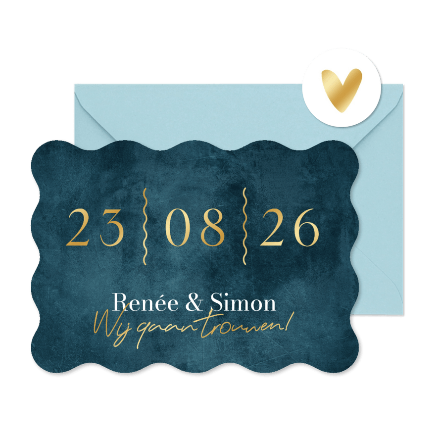 Trouwkaart wave vorm kaart donkerblauw stijlvol blauw goud - Kaartimpressie