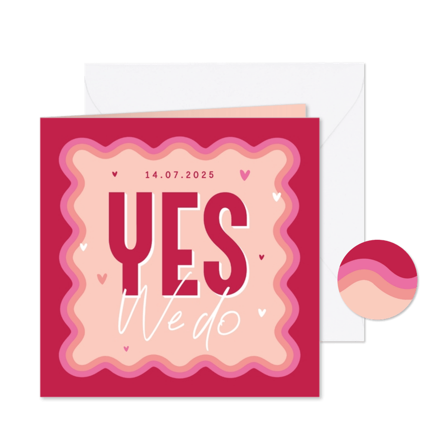 Trouwkaart we do groovy golvend kader hartjes roze - Kaartimpressie
