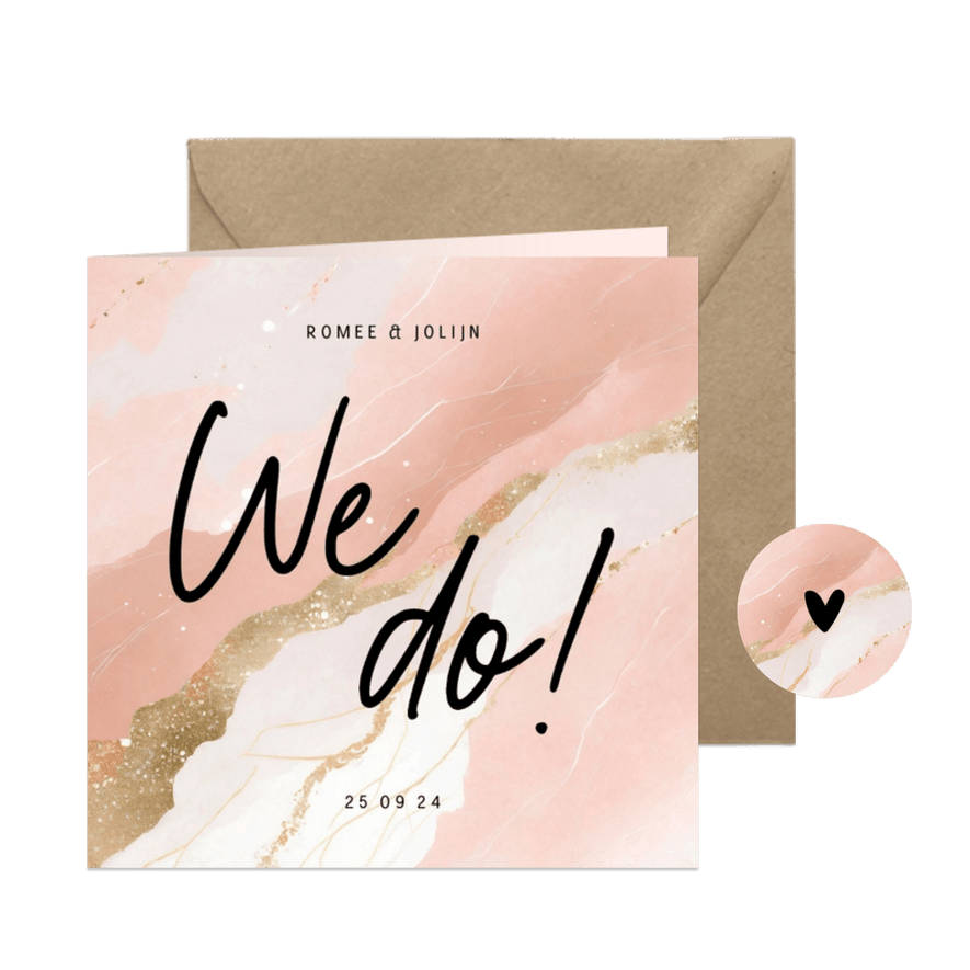 Trouwkaart 'we do!' marmerlook roze wit en goud - Kaartimpressie